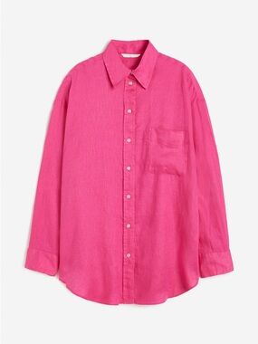 Oversized Linen Blend Relaxed Fit Pink Button-Up Shirt